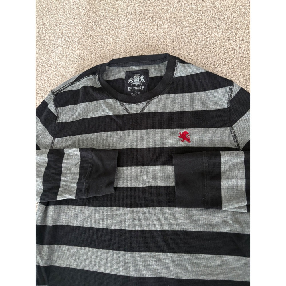 Express Mens Y2K Striped Waffle Knit Thermal Long Sleeve Shirt Grey Black Large